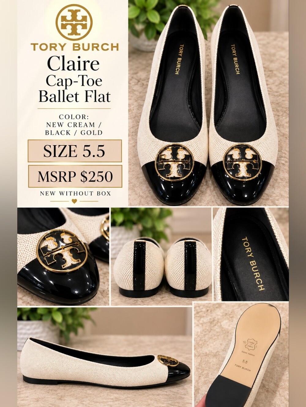 Tory Burch Claire Cap-Toe Ballet Flat in Cream, Black & Gold - NWOB